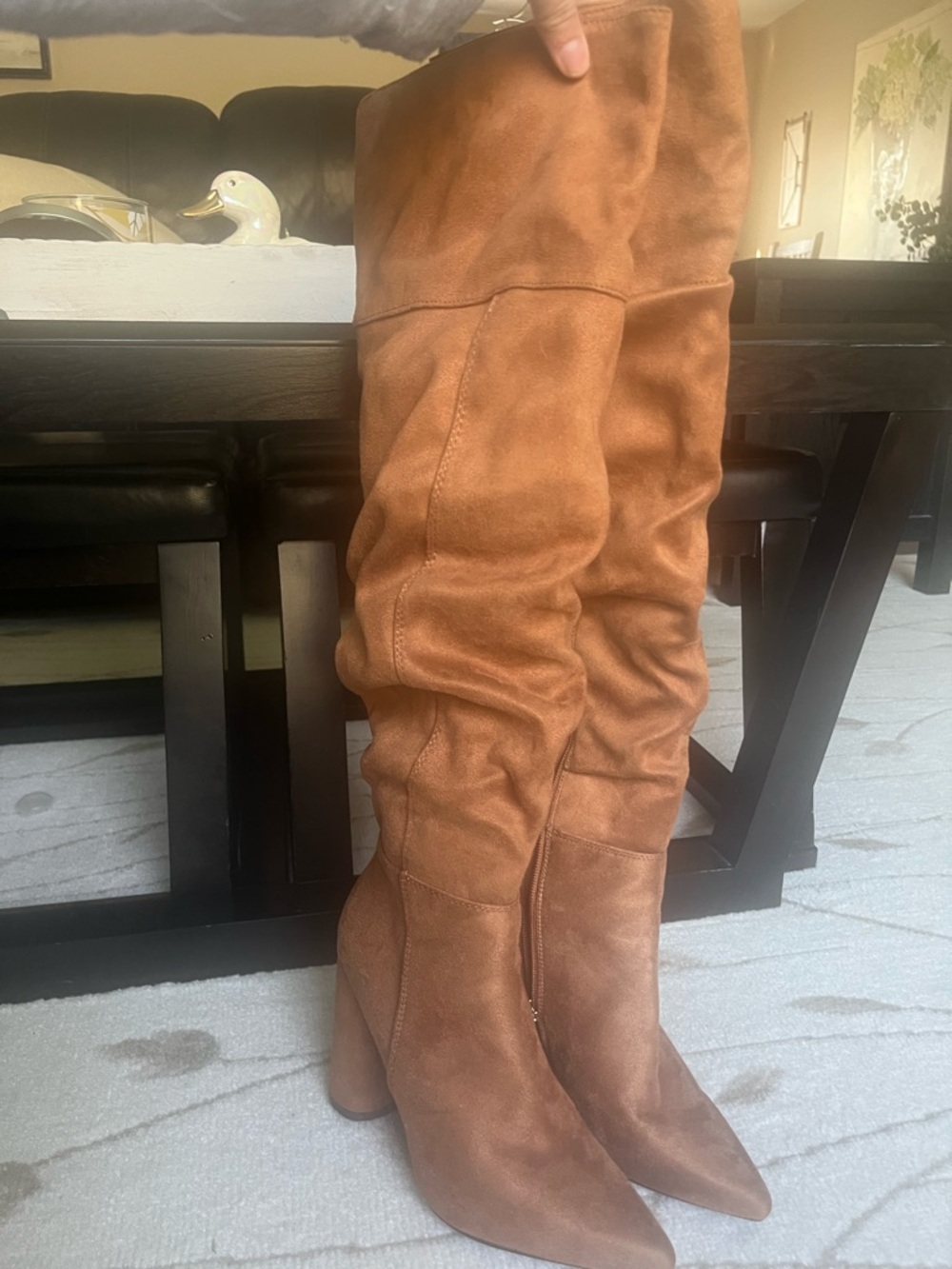 Tall Slouchy Knee-High Boots in Cognac Suede